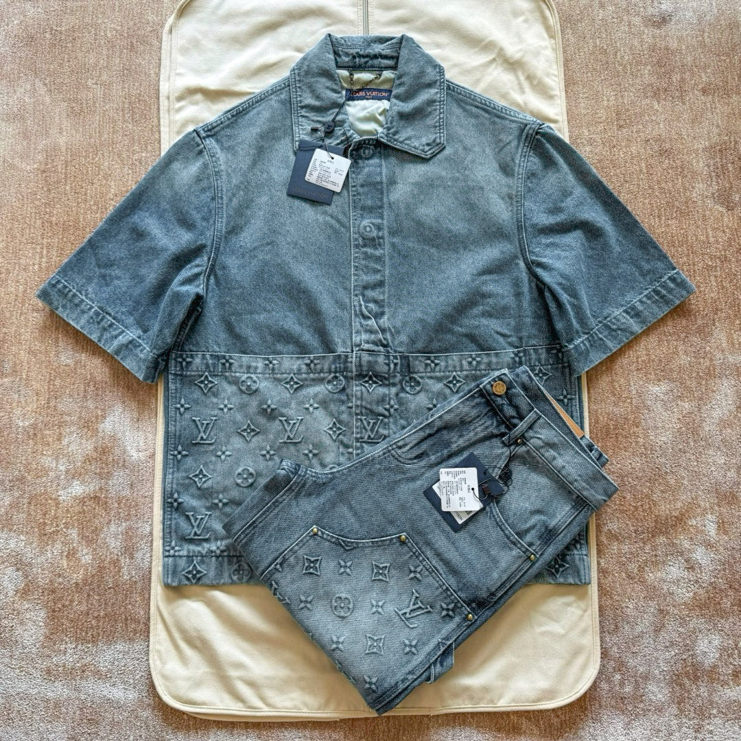 Lv Monogram Denim Shirt And Shorts Set