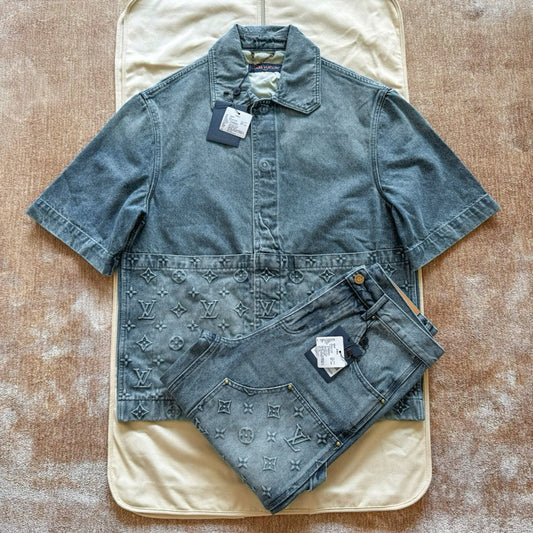 Lv Monogram Denim Shirt And Shorts Set