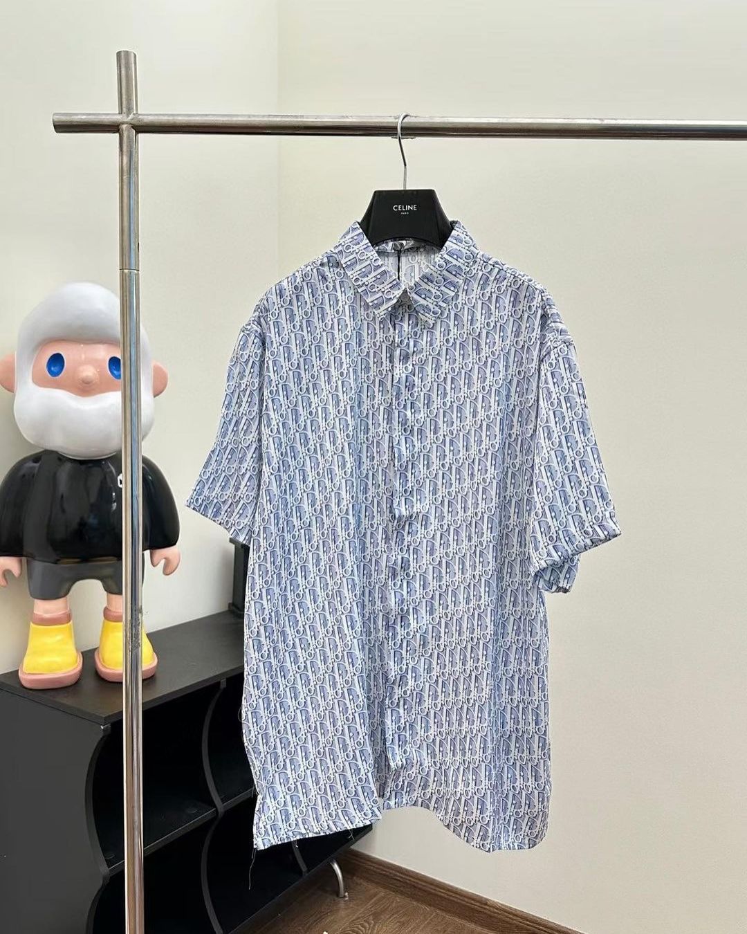 CD Oblique Short-Sleeved Shirt  Blue Striped Silk Twill Set