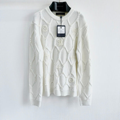 Lv Embellished Cable Knit Wool Blend Pullover