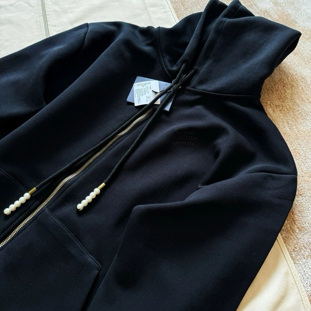 Lv Embroidered Zipped Jersey Hoodie
