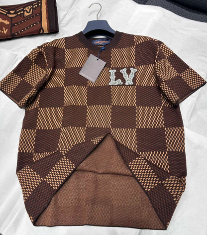 Lv Short-Sleeved Damier Wool Shirt