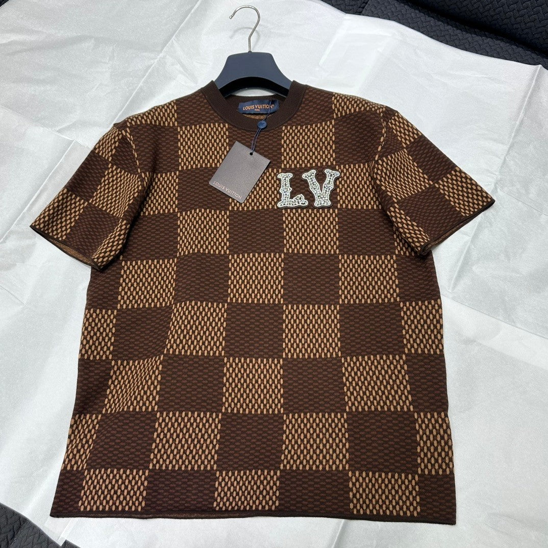 Lv Short-Sleeved Damier Wool Shirt
