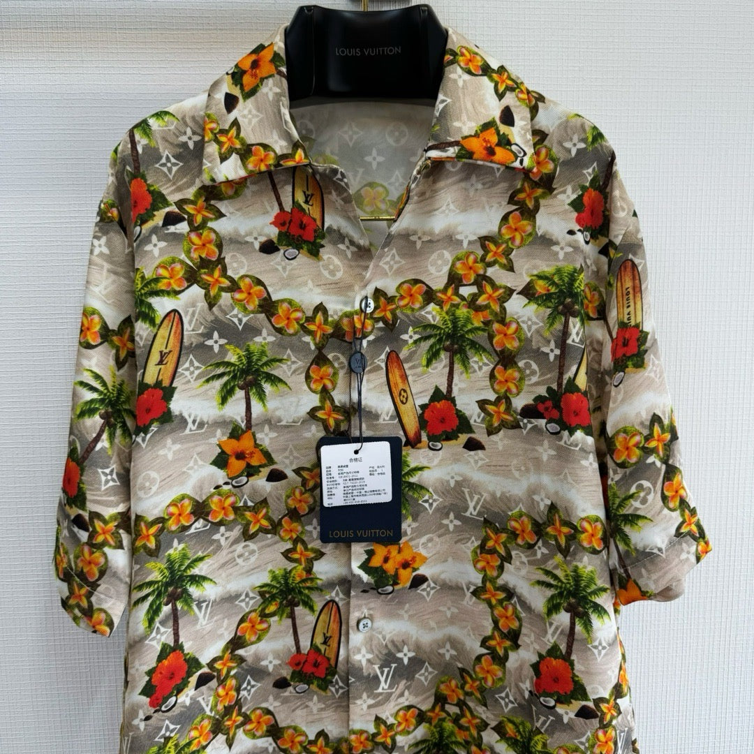 Lv Monogram Silk Shirt And Shorts Set