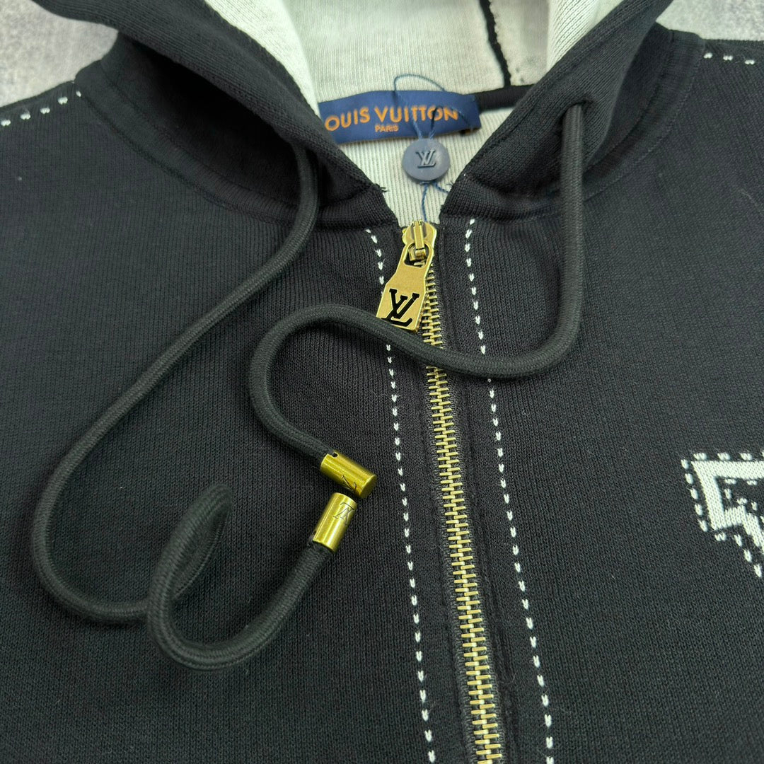 LV Graphic Intarsia Zipped Cotton Hoodie