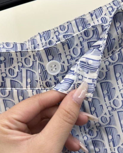 CD Oblique Short-Sleeved Shirt  Blue Striped Silk Twill Set