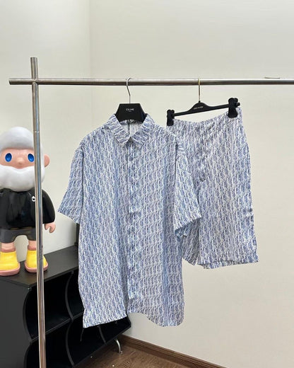 CD Oblique Short-Sleeved Shirt  Blue Striped Silk Twill Set