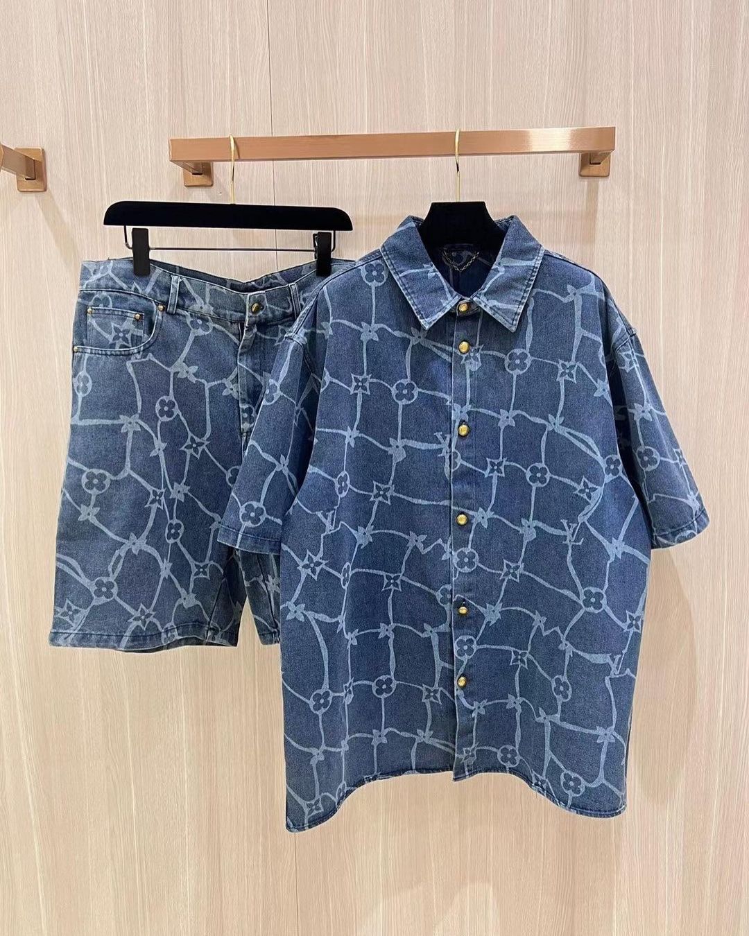 LV Monogram Denim Shirt And Shorts Set