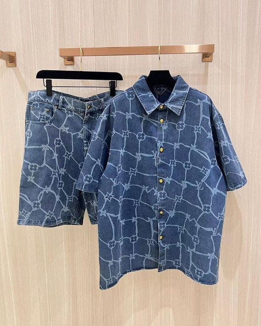 LV Monogram Denim Shirt And Shorts Set