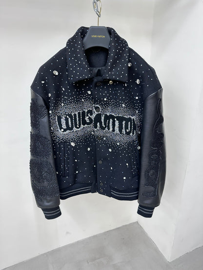 Lv Leather Jacket with Crystals