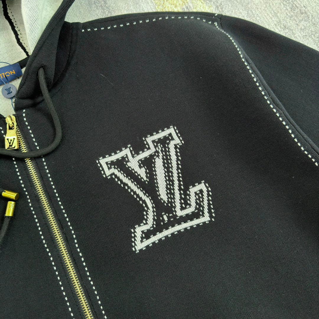 LV Graphic Intarsia Zipped Cotton Hoodie