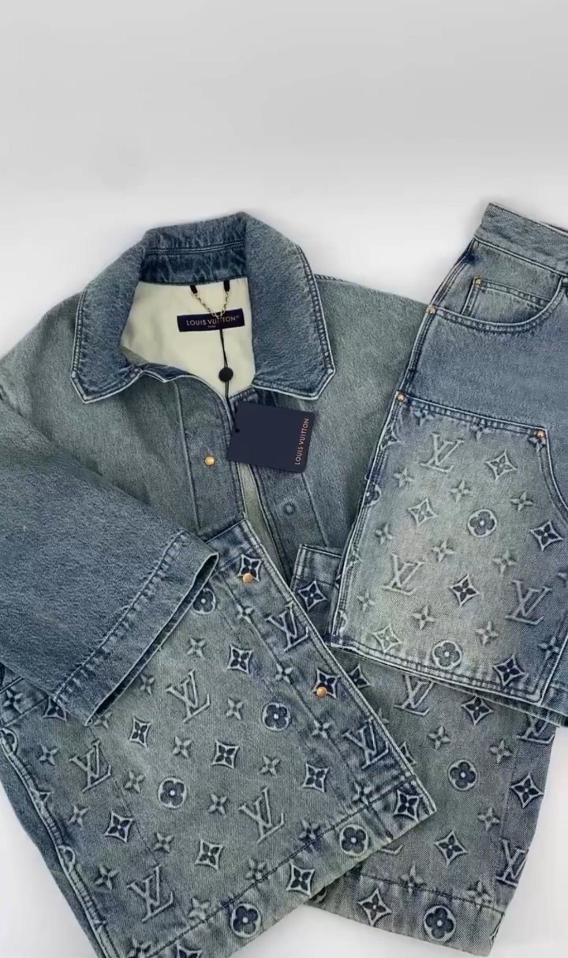 Lv Monogram Denim Shirt And Shorts Set