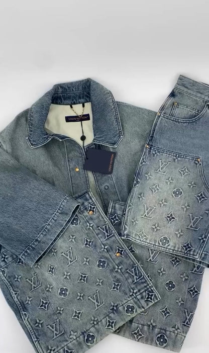 Lv Monogram Denim Shirt And Shorts Set