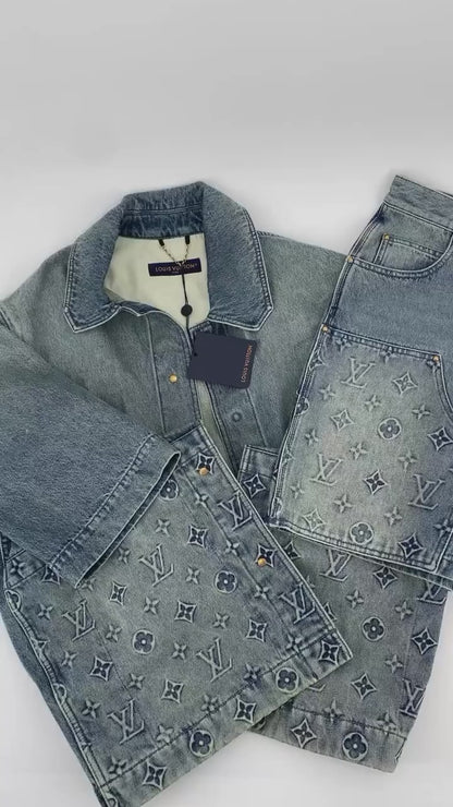Lv Monogram Denim Shirt And Shorts Set